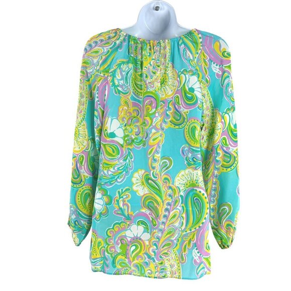 Lilly Pultizer Sarabeth Top XS Shorely Blue Double Trouble Silk NWT TP-2890 - Picture 5 of 11